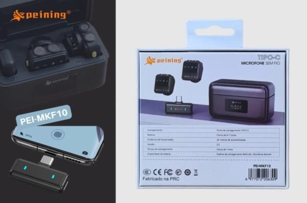 Microfone Lapela PEINING PEI-MKF10, USB-C, 2 Unidades, Sem Fio, Preto - Image 6