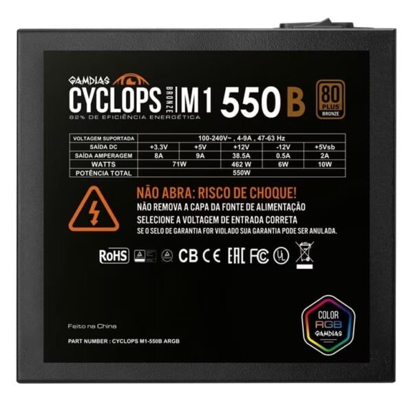 Fonte ATX GAMDIAS CYCLOPS M1-550B ARGB, 550W, Bivolt, 80 Plus Bronze, PFC Ativo, TecLab, Preto - Image 4