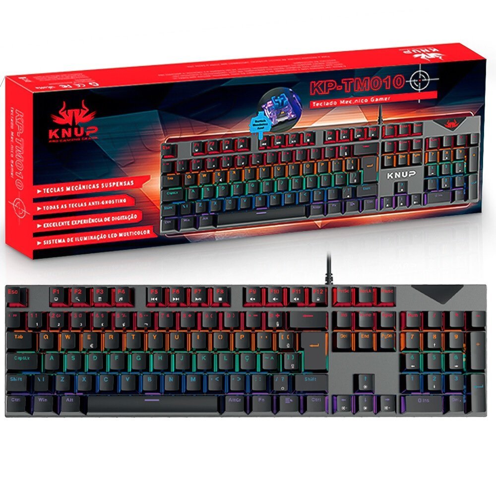 TECLADO MECÂNICO KNUP KP-TM010, USB, RGB, SWITCH OUTEMO BLUE, ABNT2, PRETO
