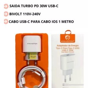 CARREGADOR TURBO H'MASTON CB-23, 30W, IPHONE 15, COM CABO USB-C 1M, BRANCO