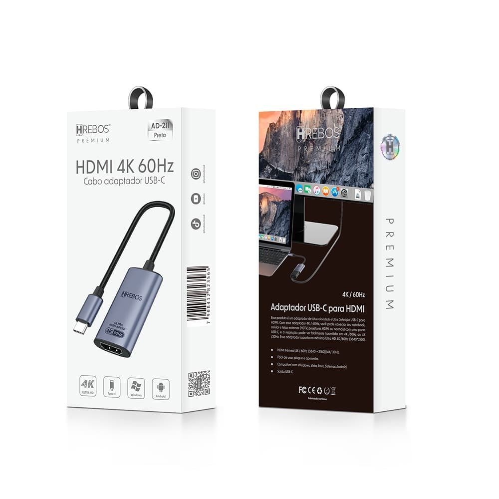 Cabo Adaptador HREBOS AD-211, USB-C PARA HDMI 4K 60Hz, 13cm, Fêmea - Imagem 4