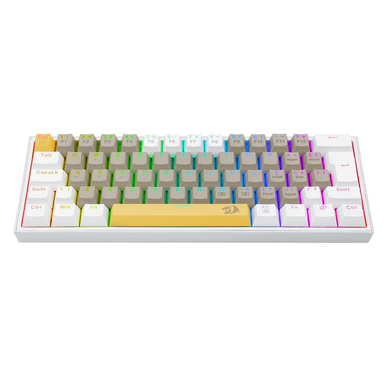 Teclado Mecânico REDRAGON FIZZ RGB SUNSHINE, 60%, Switch Marron, ABNT2, Branco e Cinza - K617RGB-YL&GY&WT(PT-BROWN)