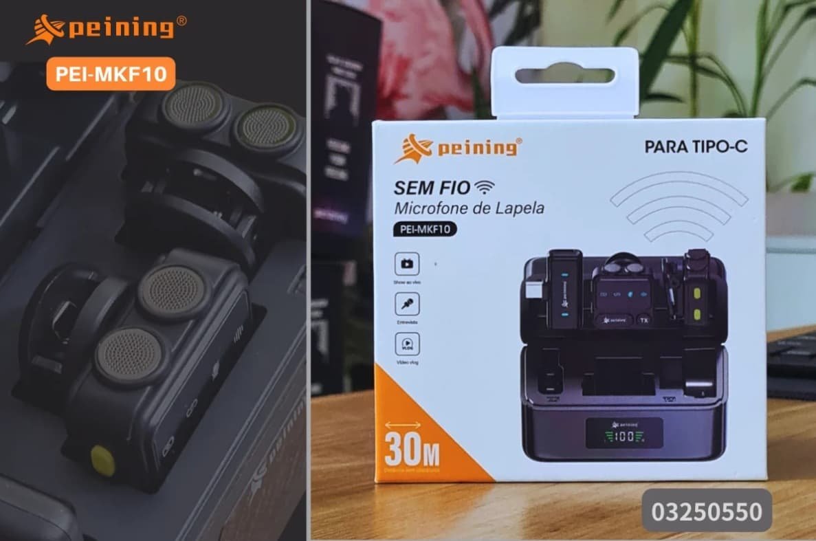 Microfone Lapela PEINING PEI-MKF10, USB-C, 2 Unidades, Sem Fio, Preto
