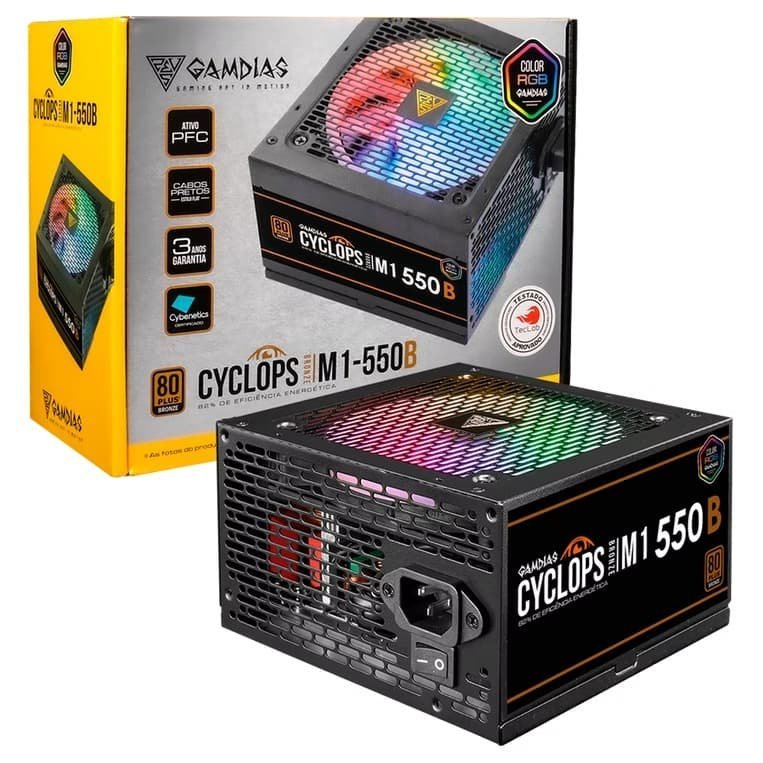 Fonte ATX GAMDIAS CYCLOPS M1-550B ARGB, 550W, Bivolt, 80 Plus Bronze, PFC Ativo, TecLab, Preto