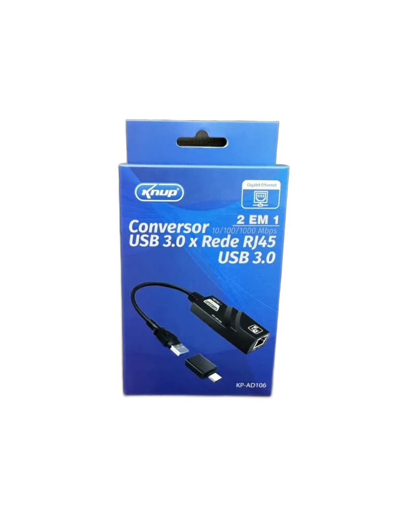 Placa de Rede KNUP KP-AD106, USB 3.0 e USB-C x RJ45, Gigabit, 1000Mbps, Preto