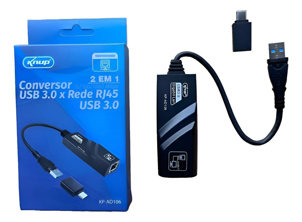 Placa de Rede KNUP KP-AD106, USB 3.0 e USB-C x RJ45, Gigabit, 1000Mbps, Preto - Imagem 2